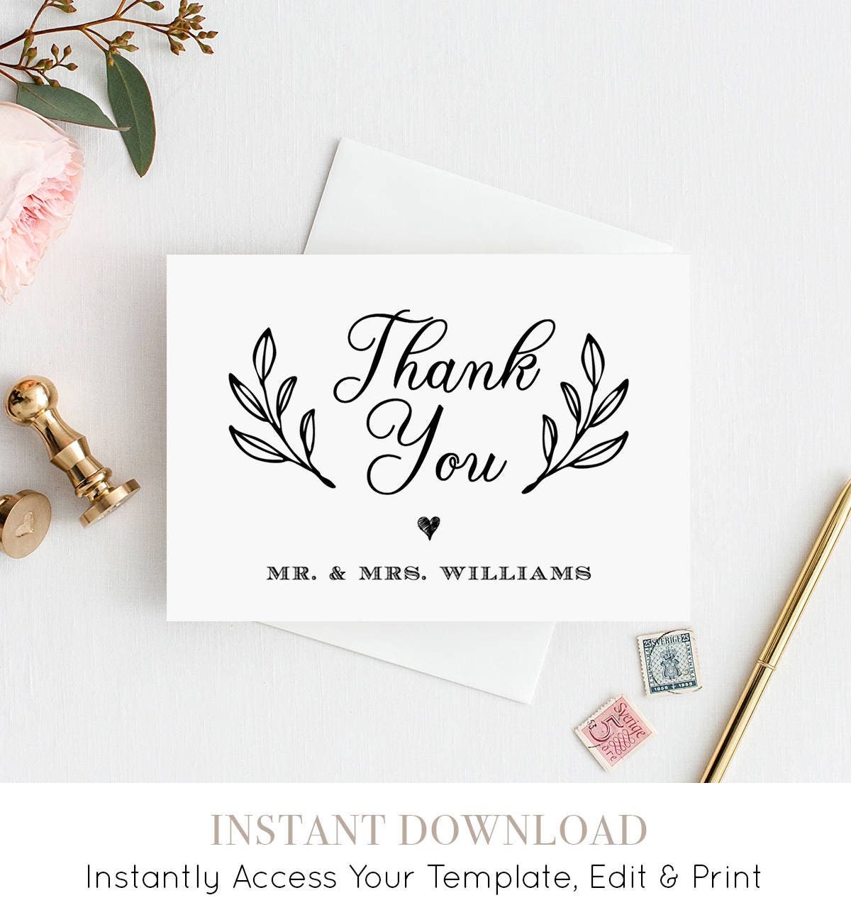 Thank You Card Template, Printable Rustic Wedding Thank You Note Card, 100% Editable, Instant